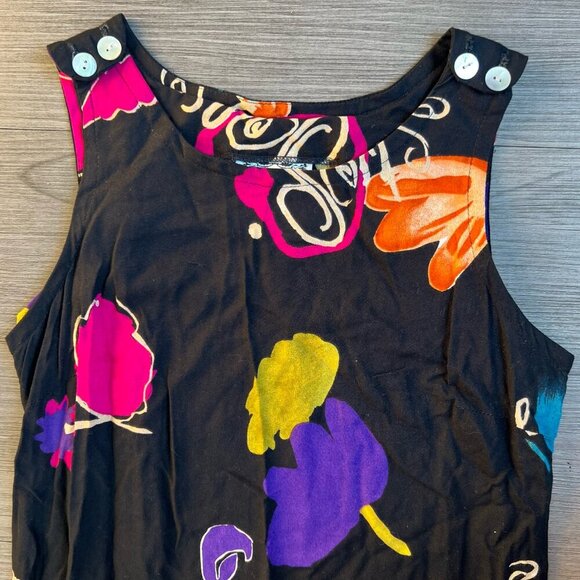 Vintage 90s Dressing Clio Black Abstract Floral Shift Midi Dress Size S Petite - Picture 2 of 5